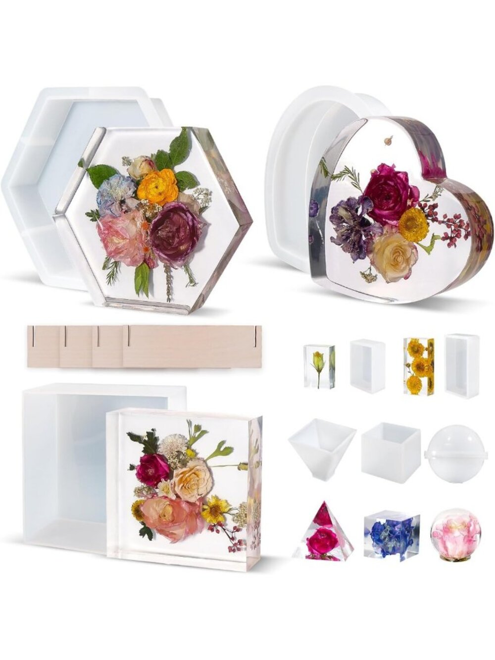 8Pcs Deep Silicone Resin Molds for Flower Bouquet, Square, Hexagon & Heart
